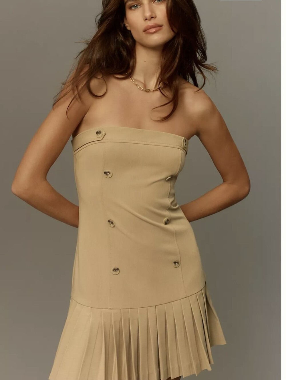 Anthropologie Maeve Strapless Pleated Hem Mini Dress in Camel - Medium